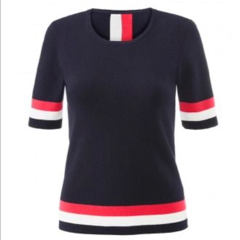 CAbi Navy Short-Sleeve Sweater with Red and White Stripes